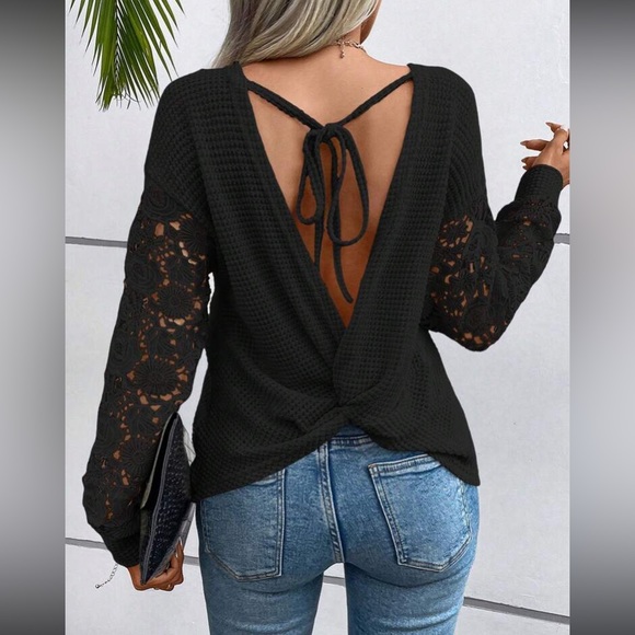 Boho floral embroidered lace sleeve twisted open tie back top - Picture 14 of 16